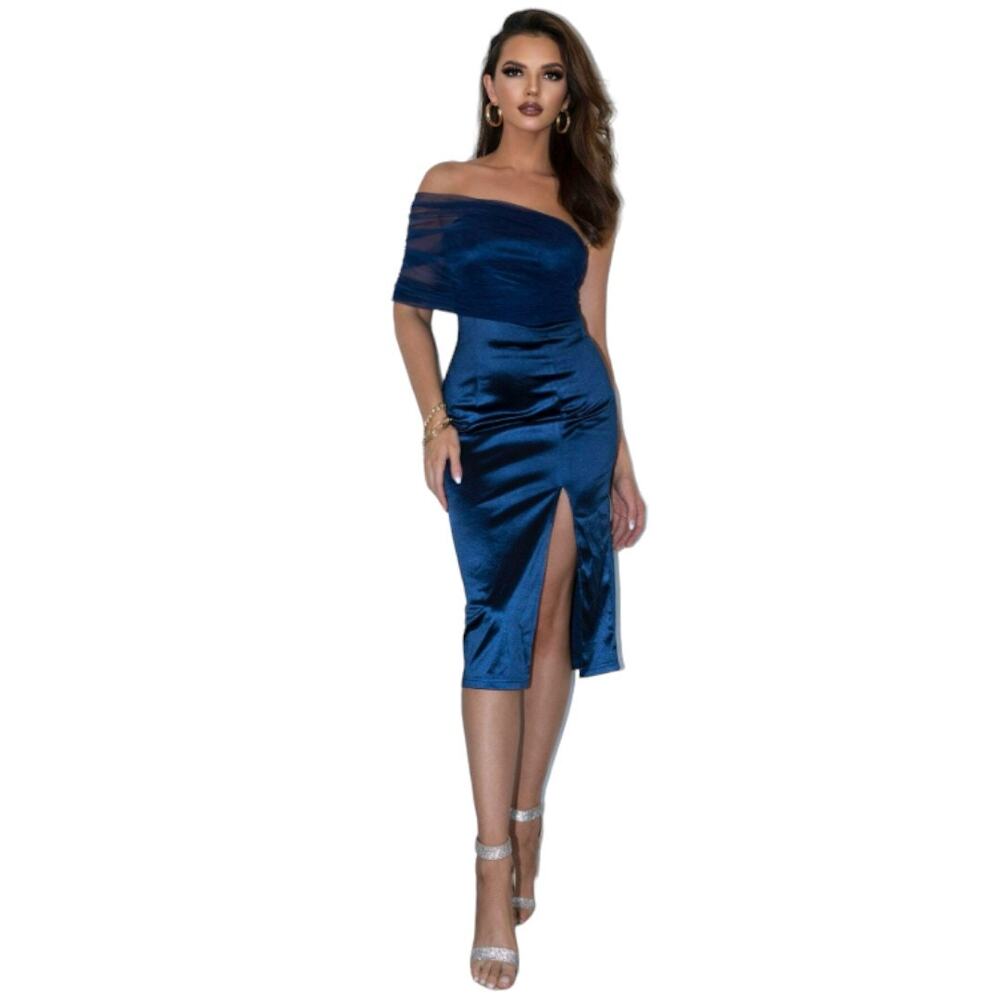 Womans Blue Mesh One Shoulder Sheer Split Thigh Knee Length Satin Dress Size S